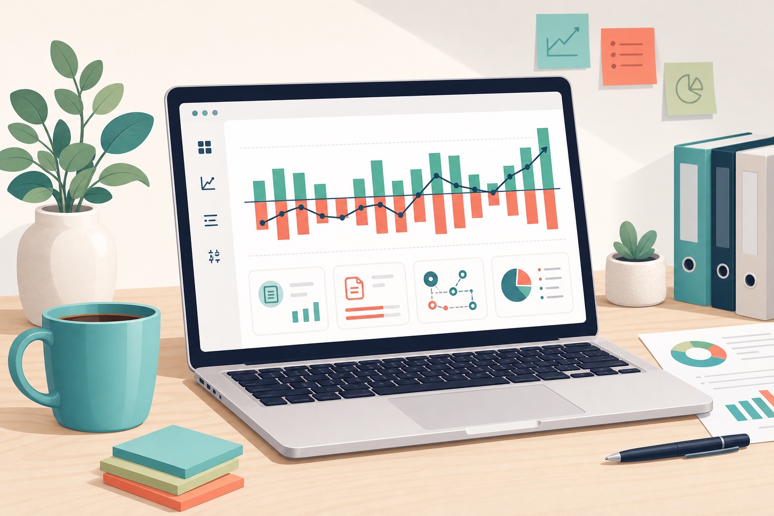 Illustration of a laptop showing a cash flow forecast with income, outgoing payments, scenarios, and reports