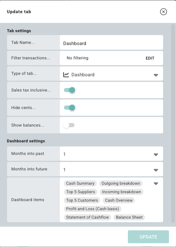 Dashboard tab settings dialog with dashboard range controls and selected dashboard items