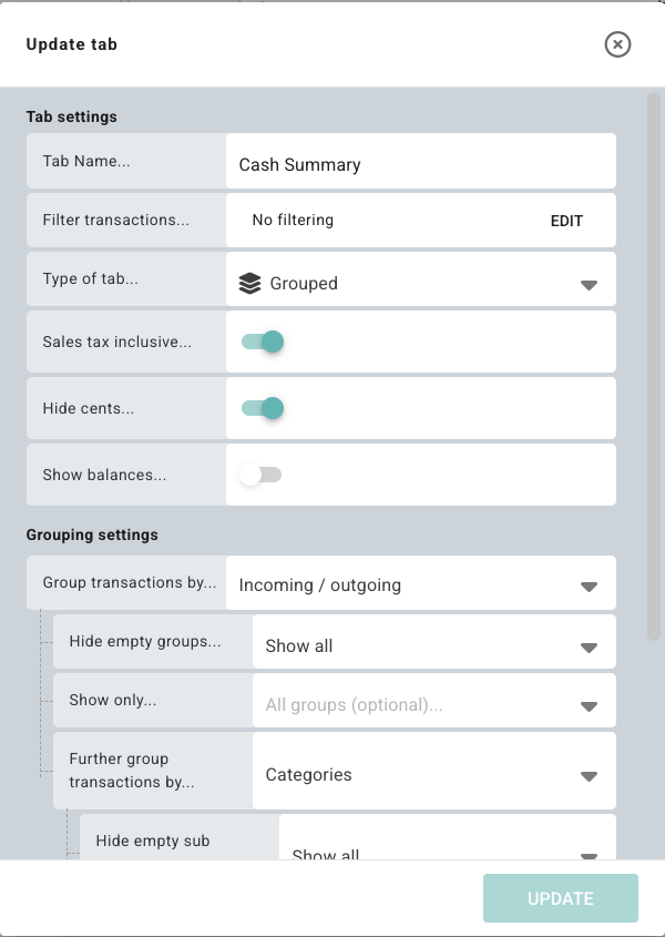 Grouped tab settings dialog with sales tax, hide cents, show balances, grouping, selected groups, subgroup, and update controls