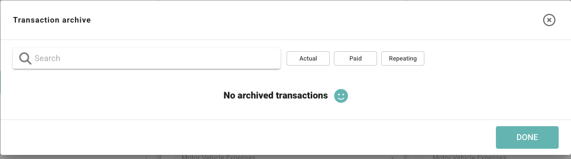 Transaction archive dialog with Search, Actual, Paid, Repeating, Done, and empty archive state