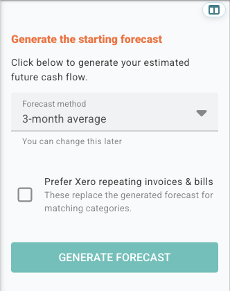 Forecast setup sidebar showing the forecast method selector, Xero repeating invoices and bills checkbox, and Generate forecast button