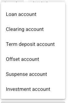 Type of account selector showing additional options including Term deposit account, Offset account, Suspense account, and Investment account