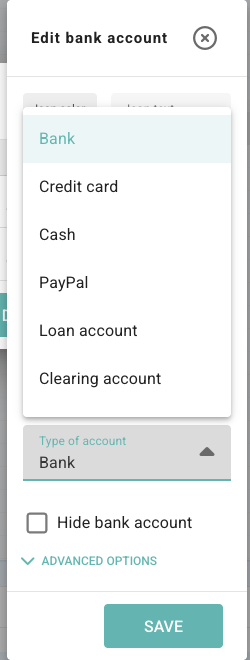 Type of account selector showing Bank, Credit card, Cash, PayPal, Loan account, and Clearing account options
