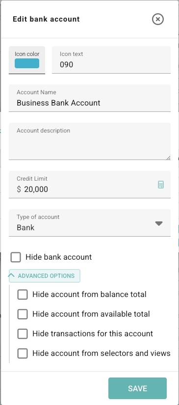 Advanced bank account visibility controls for hiding an account from balance totals, available totals, transactions, selectors, and views