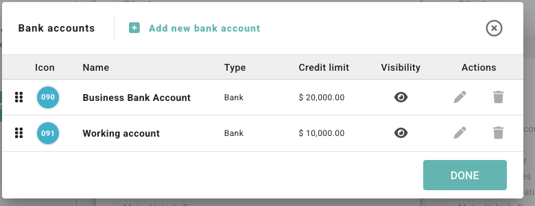 Bank accounts dialog showing account rows with icon, name, type, credit limit, visibility, edit, and delete controls