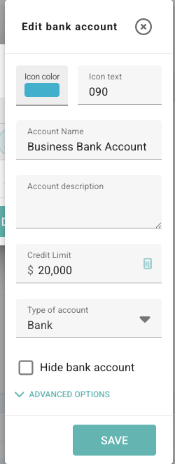 Edit bank account panel with icon text, account name, description, credit limit, Type of account, Hide bank account, Advanced options, and Save controls