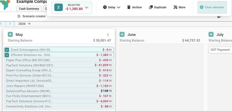 Board with two transaction cards selected and the batch action bar showing selected count, selected value, Delay, Archive, Duplicate, More, and Clear selection
