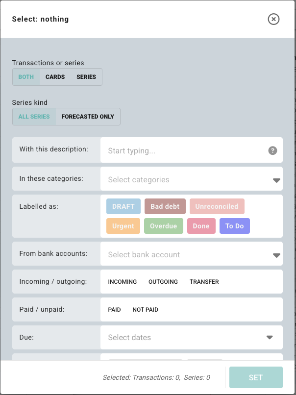 Batch tools selection dialog with filters for transactions and series
