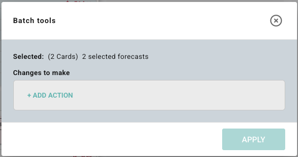 Batch tools dialog opened from selected cards, showing the selected card count, Add action, and Apply controls