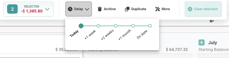 Delay menu for selected cards showing Today, plus one week, plus two weeks, plus one month, and On date options