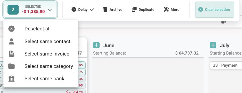 Selected cards menu showing Deselect all and options to select matching cards by contact, invoice, category, or bank