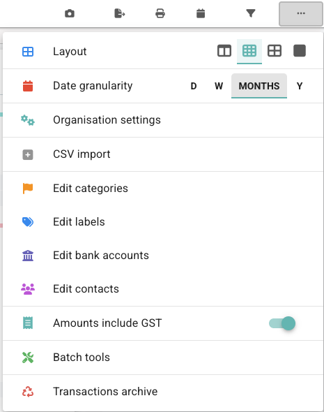 Board Options menu showing Edit bank accounts and Transactions archive entries