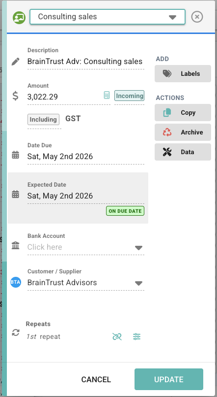 Transaction editor showing the due date and expected date fields