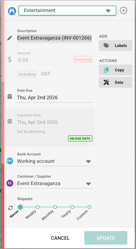 Transaction editor showing transaction fields and repeating controls
