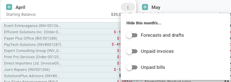 Current period menu showing options to hide forecasts, unpaid invoices, and unpaid bills