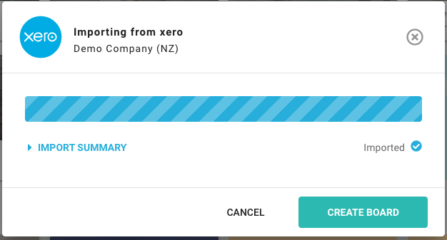 Accounting import progress screen showing a progress bar and import summary