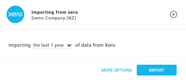 Accounting import dialog showing the history range selector, More options button, and Import button