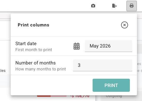 Cash Summary board with the Print columns dialog open, showing Start date, Number of months, and Print controls