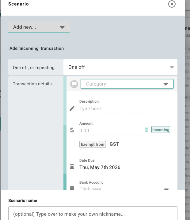 New scenario editor showing the scenario type selector, transaction details, scenario name, and sidebar controls