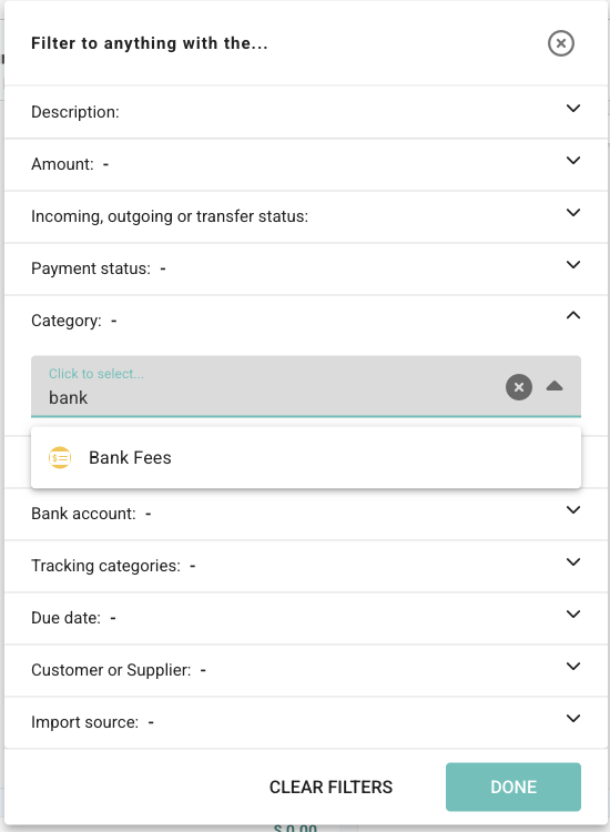 Category filter picker with bank typed into the search field and Bank Fees shown as the matching category