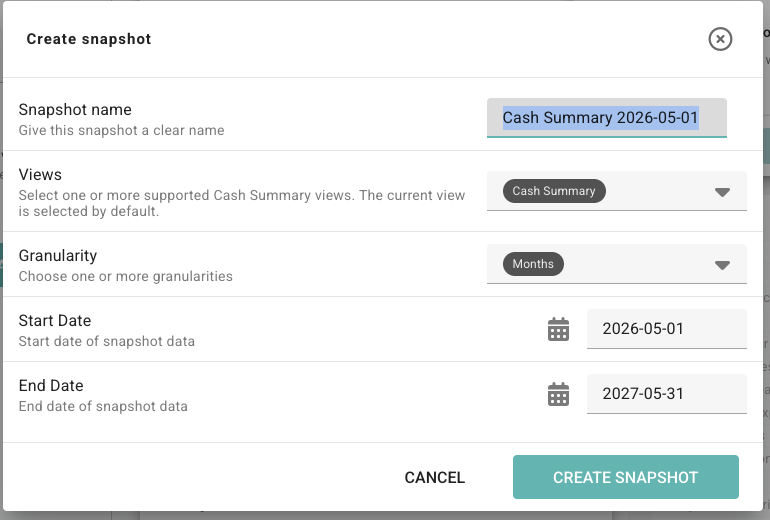 Create snapshot dialog with Snapshot name, Views, Granularity, Start Date, End Date, Cancel, and Create snapshot controls