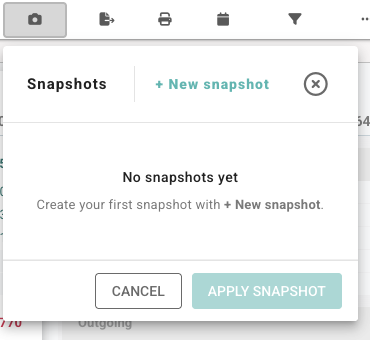 Cash Summary board with the Snapshots menu open, showing New snapshot, Cancel, and Apply snapshot controls