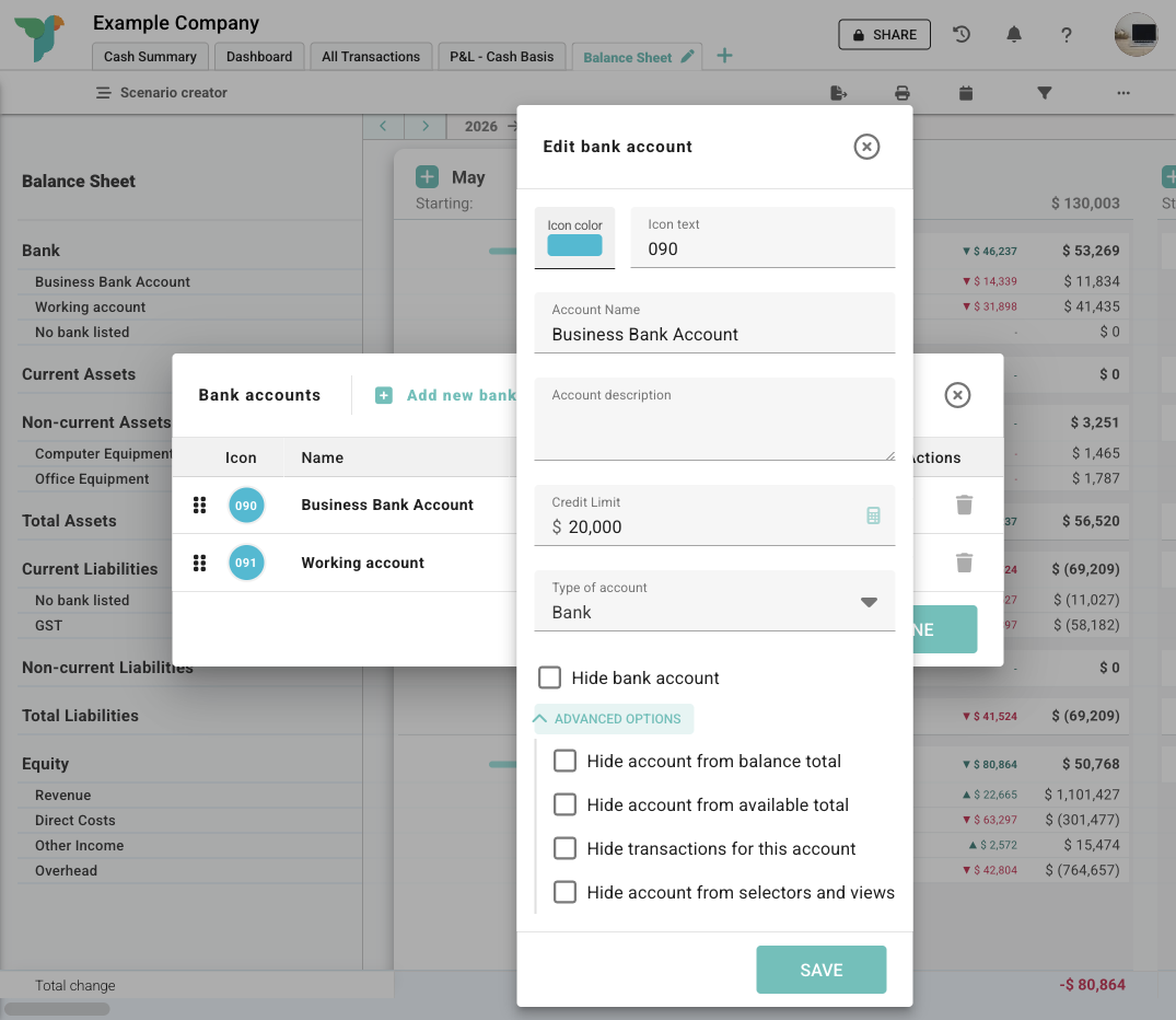 Budgee bank account controls for cash flow forecasting Budgee bank account settings showing visibility controls that affect cash flow forecast totals, transaction views, selectors, and reports.