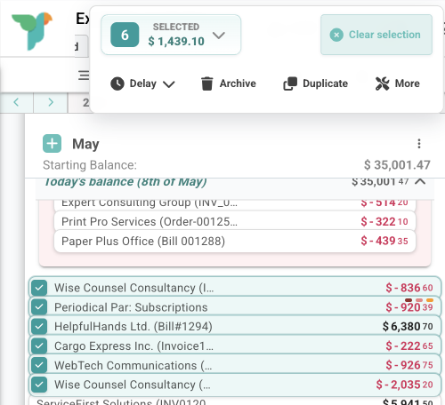 Budgee forecast transaction multi-select Budgee cash flow forecast showing six selected forecast transactions and the batch action bar for bulk transaction updates.